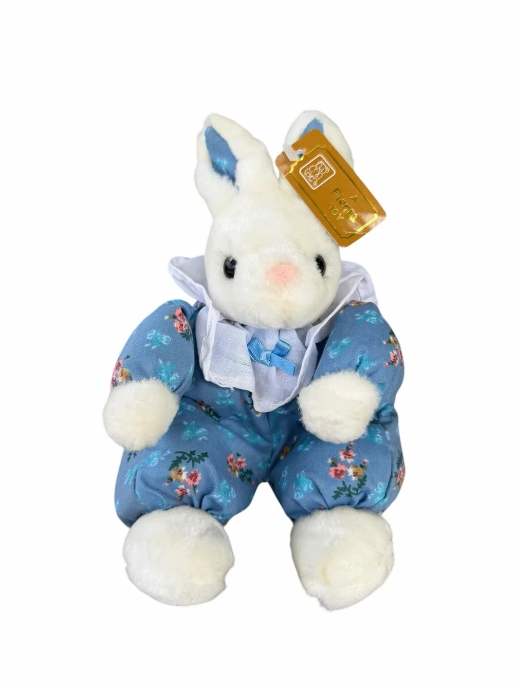 VTG Fiesta 8” Plush White Country Bunny Stuffed Animal Blue Floral Romper NOS
